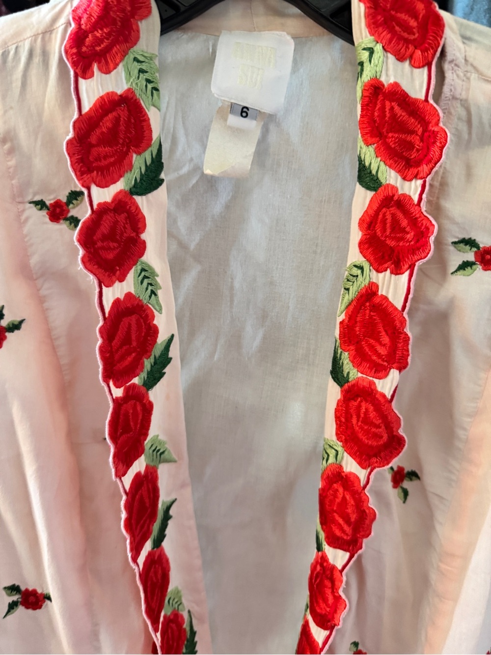 RARE Anna Sui Pale Pink Open-Front Lightweight Jacket with Red Rose Embroidery - Picture 4 of 6